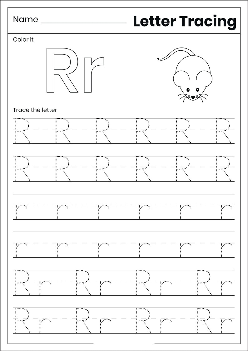 May include: A black and white educational worksheet titled Letter Tracing featuring the letter Rr in uppercase and lowercase. It includes a line drawing of a mouse to color and multiple rows of dotted lines for tracing the letter R and r.
