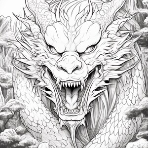 May include: A black and white line art illustration of a dragon head with an open mouth showing sharp teeth, prominent horns, and detailed scales. The dragon is surrounded by stylized clouds and mountain peaks in the background.
