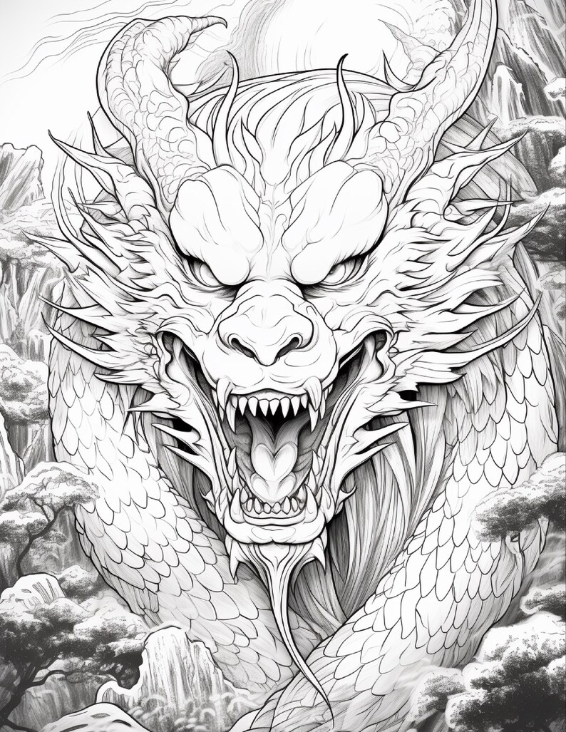 May include: A black and white line art illustration of a dragon head with an open mouth showing sharp teeth, prominent horns, and detailed scales. The dragon is surrounded by stylized clouds and mountain peaks in the background.