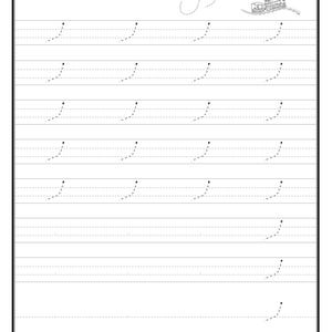 An Urdu alphabet handwriting practice worksheet featuring dotted tracing rows and a small train illustration in the upper right corner.