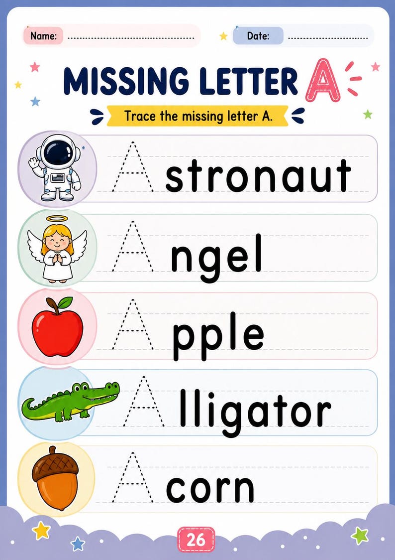 Op de afbeelding: Een educatief werkblad getiteld Missing Letter A met ruimtes voor naam en datum. Het bevat vijf rijen met illustraties van een astronaut, engel, appel, alligator en eikel, elk gekoppeld aan een stippellijnletter A om over te trekken.