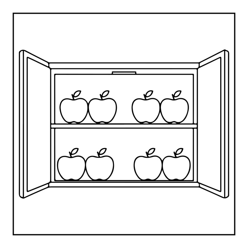 A black and white line art coloring page showing an open refrigerator with two shelves, each holding four apples.