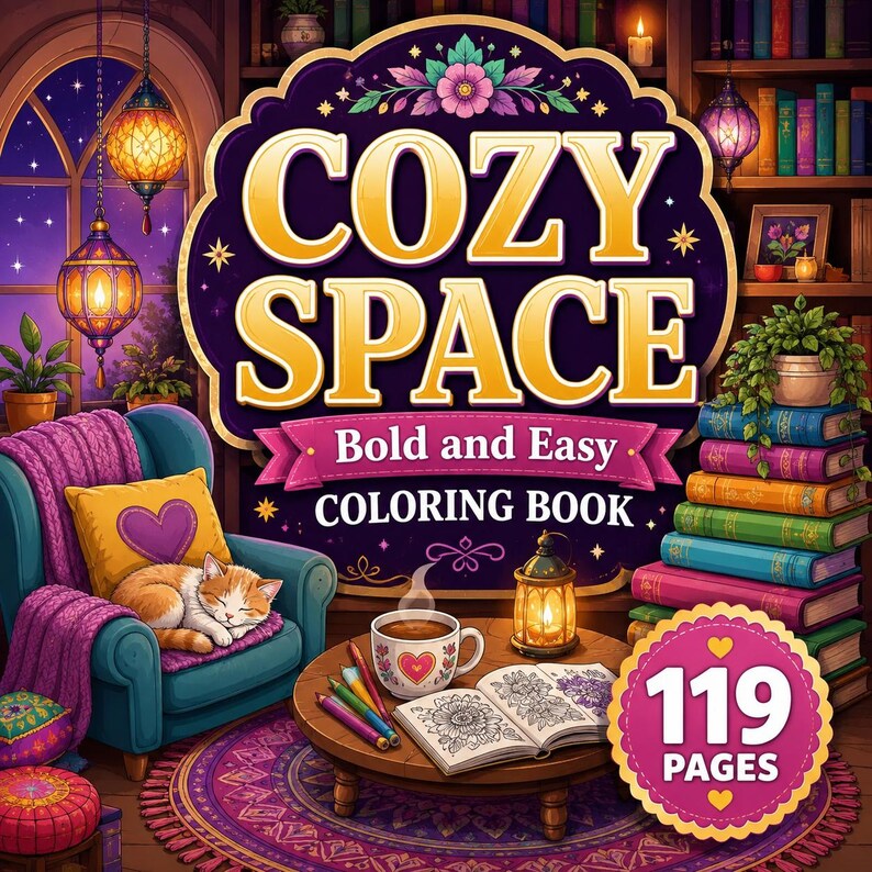 Peut inclure: Un livre de coloriage intitul&eacute; COZY SPACE Bold and Easy avec une couverture violette montrant un chat endormi sur un fauteuil bleu sarcelle, une tasse de caf&eacute;, une lanterne et des livres. La couverture indique 119 pages et une illustration.