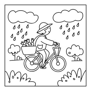 K&ouml;nnte beinhalten: Eine schwarz-wei&szlig;e Strichzeichnung einer Person mit Hut und Jacke, die bei Regen Fahrrad f&auml;hrt. Ein am Fahrrad befestigter Korb ist mit Karotten gef&uuml;llt. Die Szene zeigt stilisierte Wolken, Regentropfen und B&uuml;sche in einer einfachen Linienf&uuml;hrung.