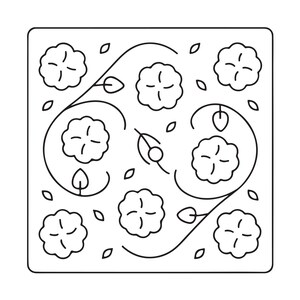 May include: A square graphic illustration featuring a black outline of seven stylized cotton bolls arranged in a pattern with curved stems and small leaves on a white background. The design is enclosed within a thin black square border.