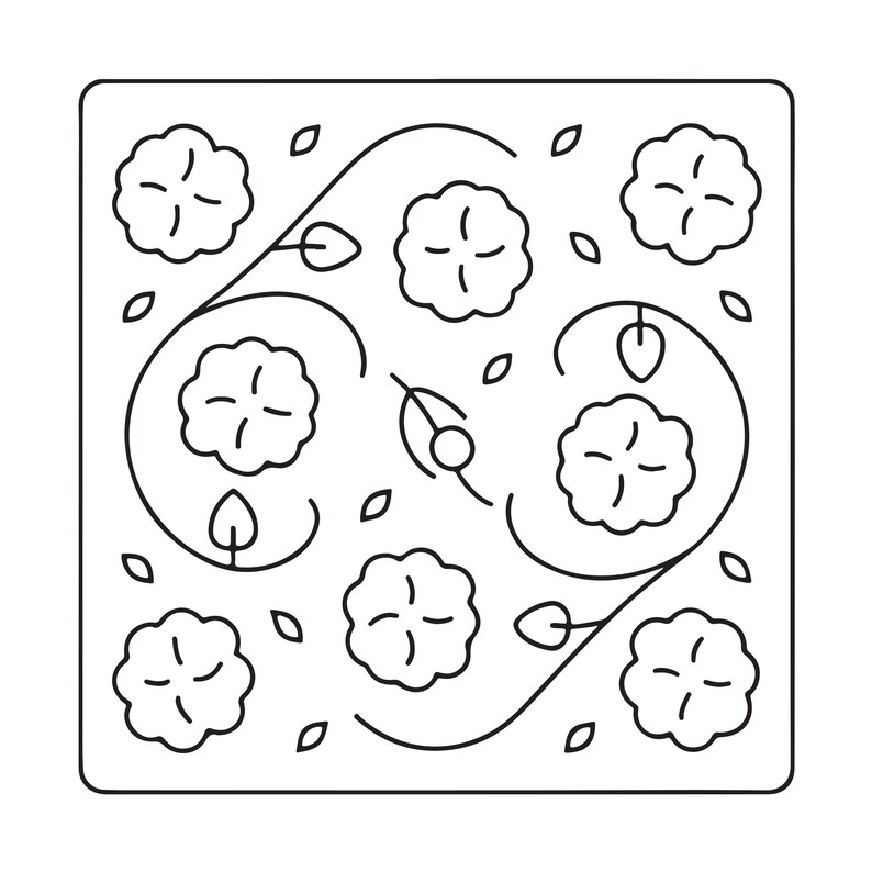 May include: A square graphic illustration featuring a black outline of seven stylized cotton bolls arranged in a pattern with curved stems and small leaves on a white background. The design is enclosed within a thin black square border.