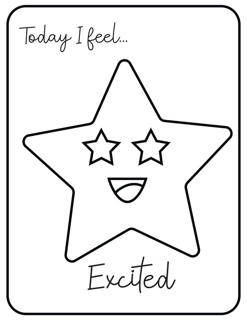 A black and white printable card with the text Today I feel... and an excited star character with star eyes and a wide smile above the word Excited.