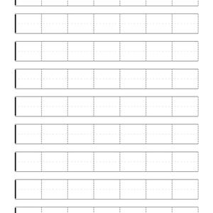 May include: A white sheet featuring nine horizontal rows of rectangular labels. Each row contains six individual rectangular sections separated by vertical dashed lines, with a solid black vertical line on the far left edge of each row.