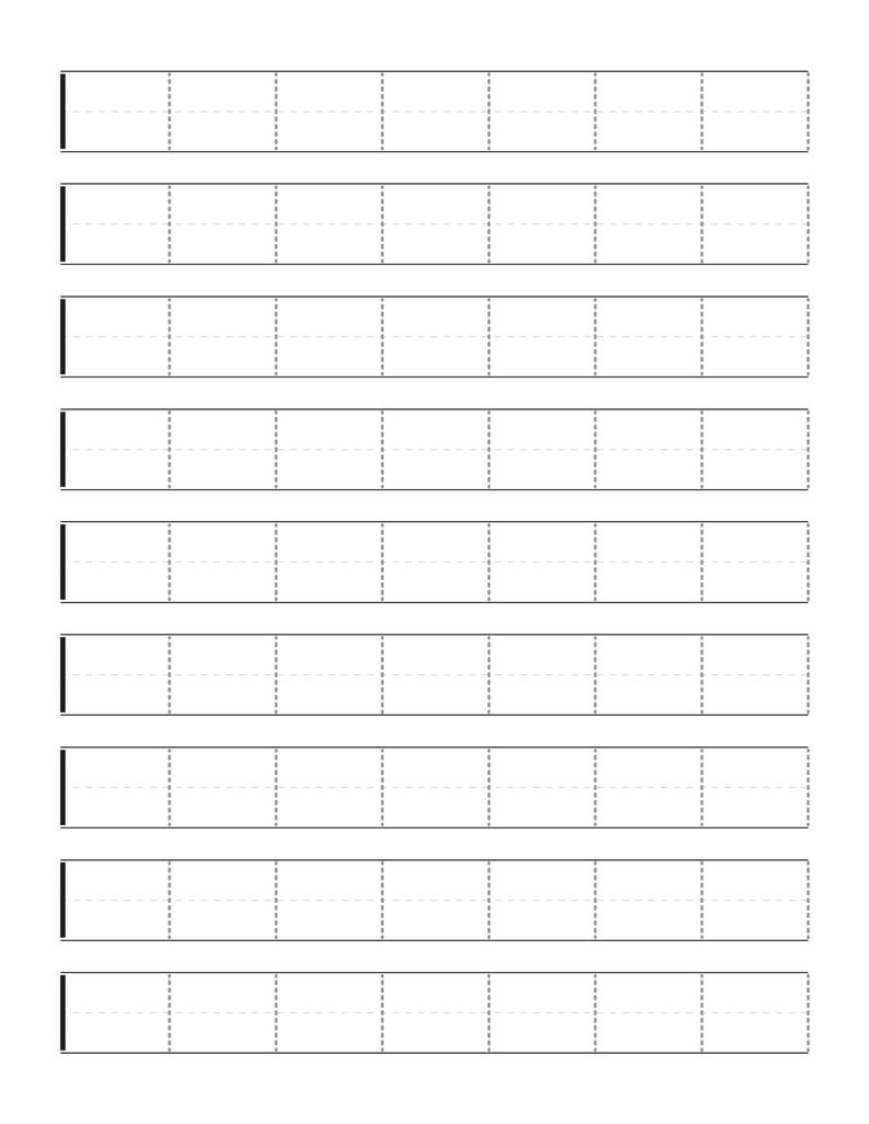 May include: A white sheet featuring nine horizontal rows of rectangular labels. Each row contains six individual rectangular sections separated by vertical dashed lines, with a solid black vertical line on the far left edge of each row.