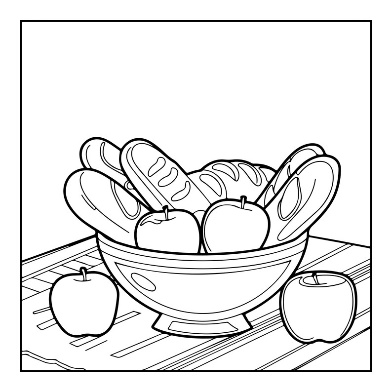May include: A black and white line art illustration of a bowl filled with several long loaves of bread and two round apples. Two additional apples are positioned outside the bowl, one on the left and one on the right, on a flat surface.