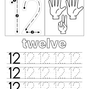 May include: A black and white educational worksheet for the number 12. It features the numeral 12 with directional arrows, three hand illustrations showing twelve fingers, the word twelve, and three rows of practice lines for tracing the number 12.