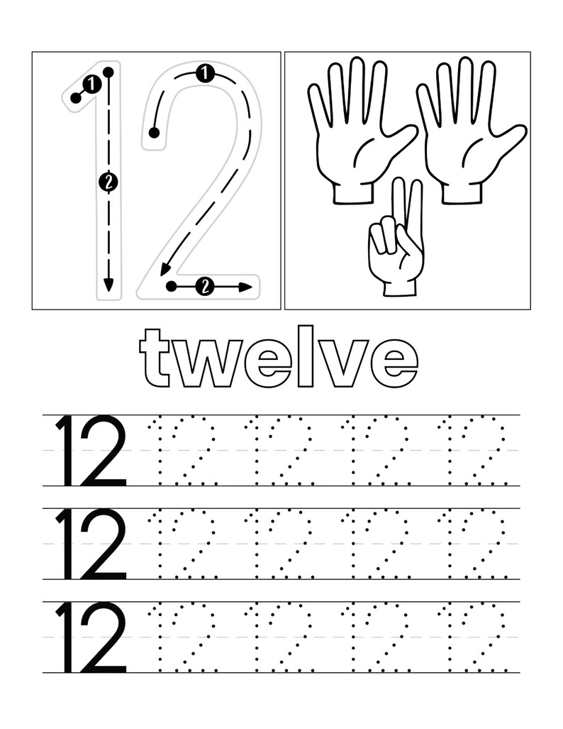 May include: A black and white educational worksheet for the number 12. It features the numeral 12 with directional arrows, three hand illustrations showing twelve fingers, the word twelve, and three rows of practice lines for tracing the number 12.
