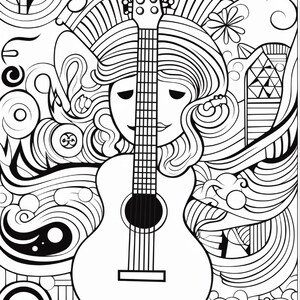 May include: A black and white line art illustration featuring a central acoustic guitar positioned in front of a stylized face with flowing hair. The background is filled with intricate patterns including swirls, geometric shapes, and floral motifs.