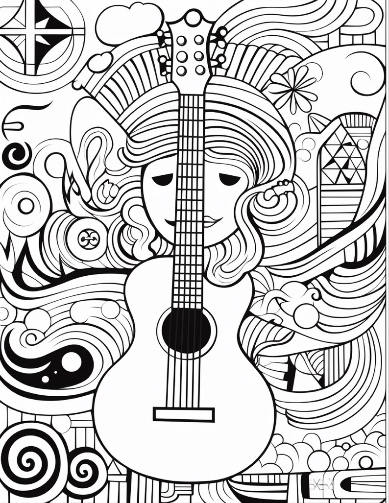 May include: A black and white line art illustration featuring a central acoustic guitar positioned in front of a stylized face with flowing hair. The background is filled with intricate patterns including swirls, geometric shapes, and floral motifs.
