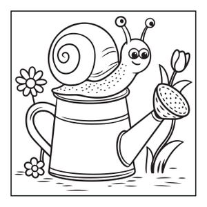 May include: A black and white line art illustration of a snail with a large spiral shell resting on top of a watering can. The snail has two eyes on stalks and a smiling face. A single tulip grows from the watering can spout, and two flowers grow nearby.