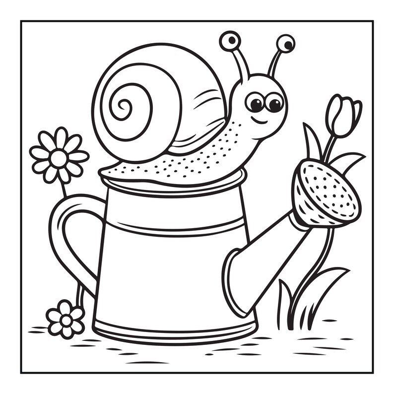May include: A black and white line art illustration of a snail with a large spiral shell resting on top of a watering can. The snail has two eyes on stalks and a smiling face. A single tulip grows from the watering can spout, and two flowers grow nearby.