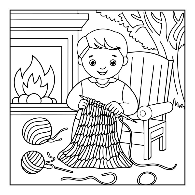 May include: A black and white line art illustration of a person sitting in a chair knitting a textured fabric with two needles. Two round balls of yarn are positioned on the floor near the person, with a fireplace and a tree in the background.