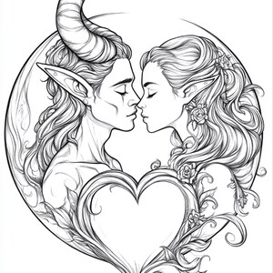 Puede incluir: Una ilustraci&oacute;n de l&iacute;neas en blanco y negro que muestra a un elfo con cuernos y a un elfo con el pelo largo y suelto adornado con rosas. Ambas figuras se miran de perfil dentro de un marco circular, sobre una forma de coraz&oacute;n decorativa.