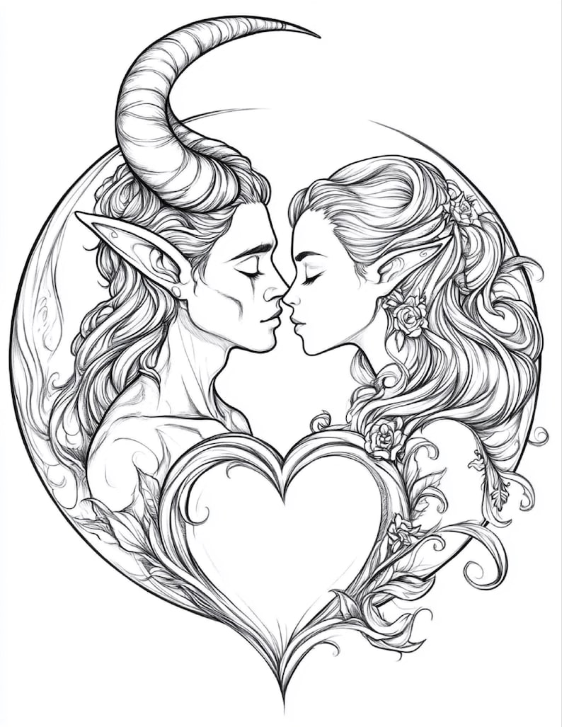 Puede incluir: Una ilustraci&oacute;n de l&iacute;neas en blanco y negro que muestra a un elfo con cuernos y a un elfo con el pelo largo y suelto adornado con rosas. Ambas figuras se miran de perfil dentro de un marco circular, sobre una forma de coraz&oacute;n decorativa.