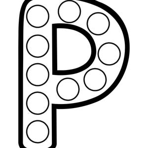 Black and white outline of the uppercase letter P filled with circular dot marker spaces.