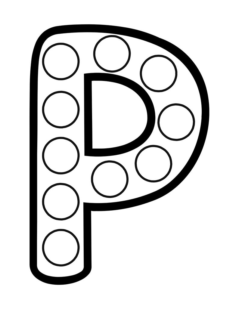 Black and white outline of the uppercase letter P filled with circular dot marker spaces.