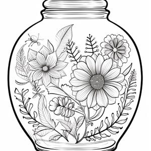 K&ouml;nnte beinhalten: Eine schwarz-wei&szlig;e Strichzeichnung eines Glasgef&auml;&szlig;es, das ein detailliertes Arrangement aus verschiedenen Blumen, Bl&auml;ttern und Farnen enth&auml;lt. Die Zeichnung zeichnet sich durch kr&auml;ftige Umrisse und komplexe Schattierungsmuster aus.
