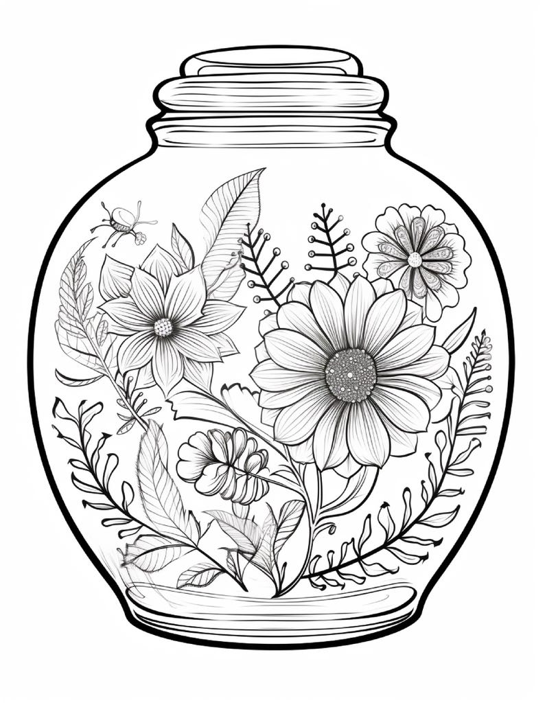K&ouml;nnte beinhalten: Eine schwarz-wei&szlig;e Strichzeichnung eines Glasgef&auml;&szlig;es, das ein detailliertes Arrangement aus verschiedenen Blumen, Bl&auml;ttern und Farnen enth&auml;lt. Die Zeichnung zeichnet sich durch kr&auml;ftige Umrisse und komplexe Schattierungsmuster aus.