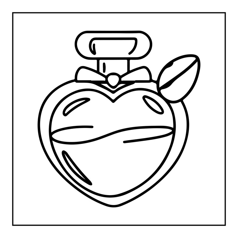 May include: A black and white line art illustration of a heart-shaped perfume bottle. The bottle features a decorative bow at the neck, a rectangular cap, and a single leaf attached to the side. The design uses bold outlines to define the shape.