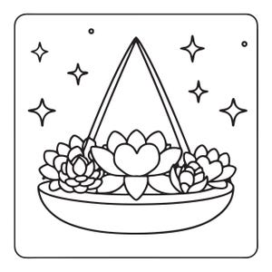May include: A black and white line art illustration of a hanging planter containing a cluster of various succulents. The planter is suspended by a triangular frame, and the background is decorated with several four-pointed star shapes.