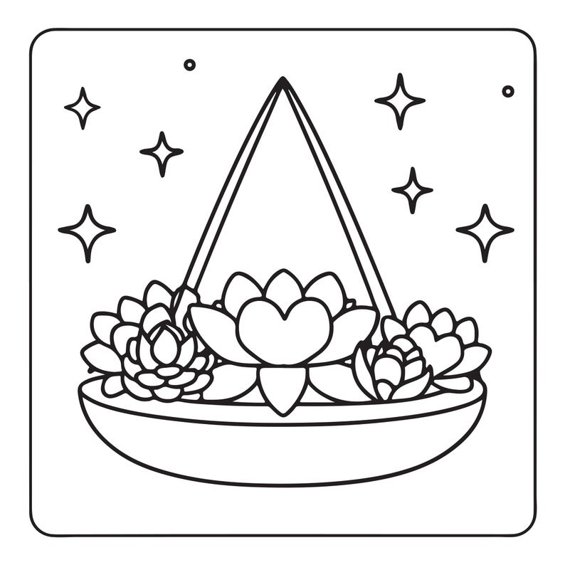 May include: A black and white line art illustration of a hanging planter containing a cluster of various succulents. The planter is suspended by a triangular frame, and the background is decorated with several four-pointed star shapes.