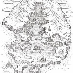 Pode incluir: Uma ilustra&ccedil;&atilde;o de arte linear em preto e branco de uma cidade insular montanhosa. A paisagem apresenta picos irregulares, um rio central e v&aacute;rias estruturas arquitet&ocirc;nicas circulares, incluindo edif&iacute;cios com c&uacute;pulas e torres conectadas por caminhos.