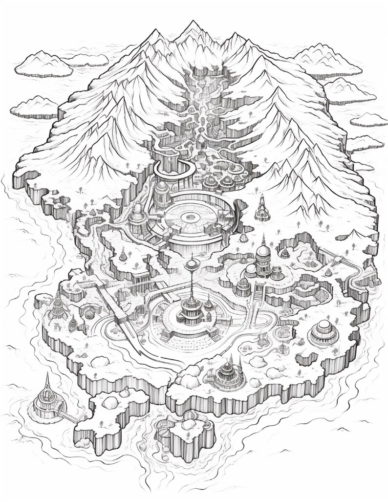 Pode incluir: Uma ilustra&ccedil;&atilde;o de arte linear em preto e branco de uma cidade insular montanhosa. A paisagem apresenta picos irregulares, um rio central e v&aacute;rias estruturas arquitet&ocirc;nicas circulares, incluindo edif&iacute;cios com c&uacute;pulas e torres conectadas por caminhos.