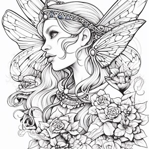 May include: A black and white line art illustration featuring a profile view of a figure with large, detailed insect-like wings, wearing an ornate headband and necklace, surrounded by a dense arrangement of various blooming flowers and leaves.