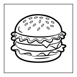 Pu&ograve; includere: Un'illustrazione in bianco e nero a tratto di un hamburger. Il disegno presenta un panino rotondo con semi di sesamo sopra, farcito con lattuga ondulata, una fetta di formaggio e un hamburger di carne, il tutto racchiuso in una cornice quadrata.