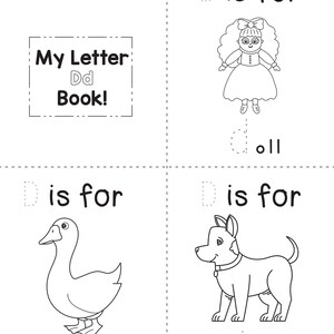 A printable coloring booklet page for the letter D with dotted tracing text alongside illustrations of a doll, duck, and dog.
