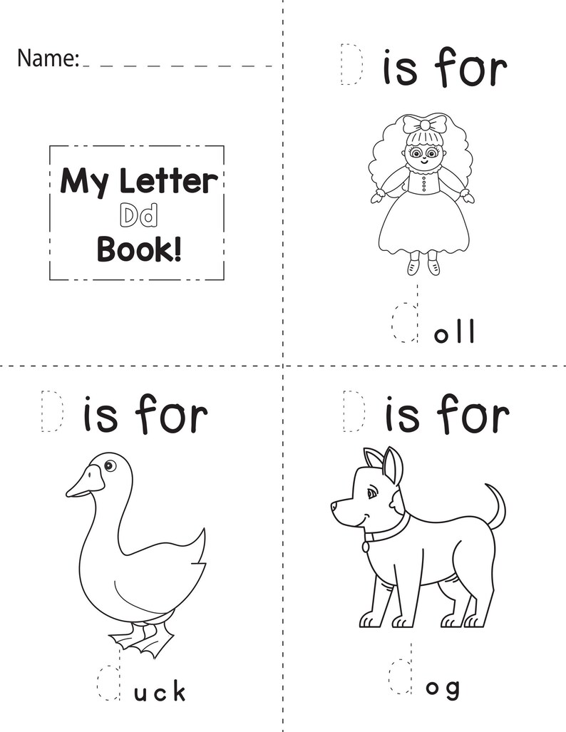 A printable coloring booklet page for the letter D with dotted tracing text alongside illustrations of a doll, duck, and dog.