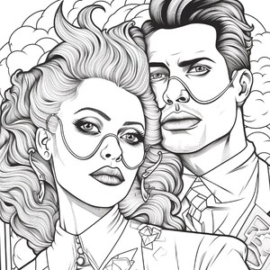 Op de afbeelding: Een zwart-wit lijntekening met twee personen met gedetailleerd haar en gelaatstrekken. Beide figuren dragen dunne, gebogen draadaccessoires over hun neus. De persoon aan de linkerkant heeft volumineus golvend haar, terwijl de persoon aan de rechterkant gestyled haar heeft en een overhemd met kraag en een das met patroon draagt.