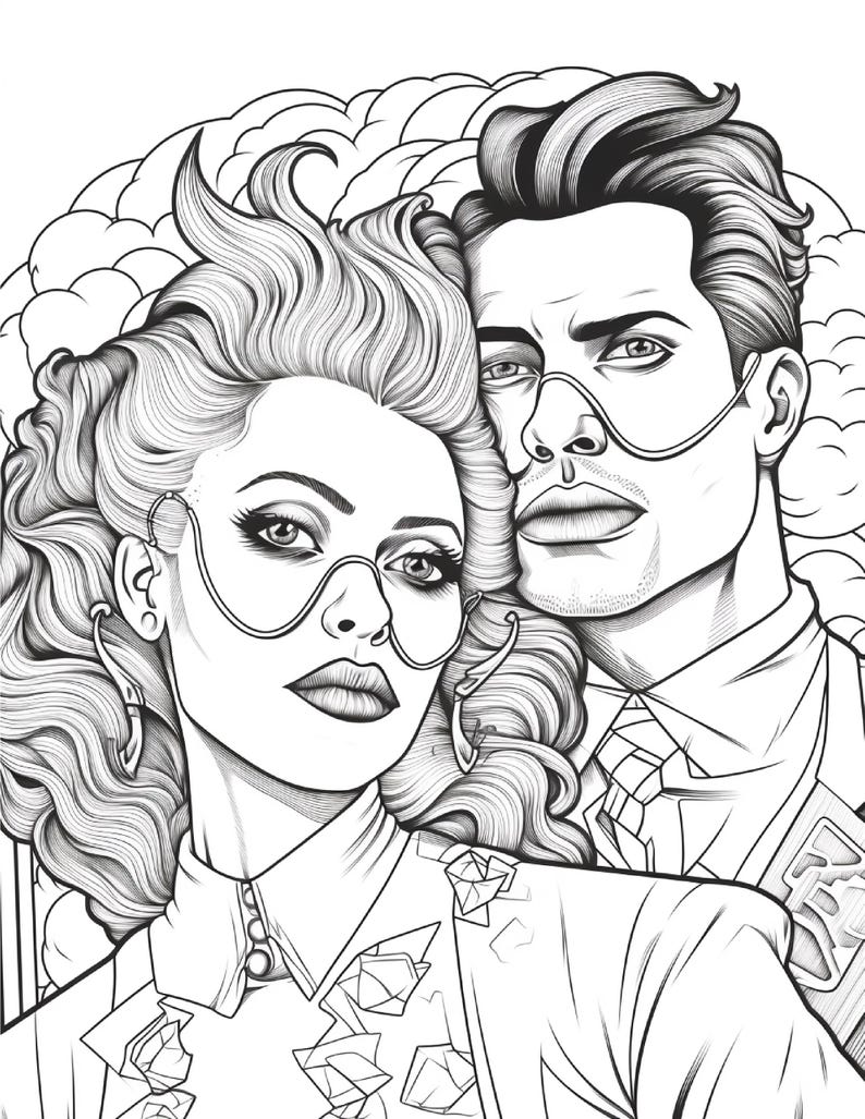 Op de afbeelding: Een zwart-wit lijntekening met twee personen met gedetailleerd haar en gelaatstrekken. Beide figuren dragen dunne, gebogen draadaccessoires over hun neus. De persoon aan de linkerkant heeft volumineus golvend haar, terwijl de persoon aan de rechterkant gestyled haar heeft en een overhemd met kraag en een das met patroon draagt.