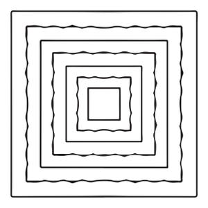May include: A black and white graphic illustration featuring a series of five nested squares. The squares alternate between straight, smooth edges and wavy, scalloped edges, creating a concentric pattern that radiates from the centre outwards.