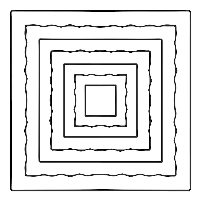 May include: A black and white graphic illustration featuring a series of five nested squares. The squares alternate between straight, smooth edges and wavy, scalloped edges, creating a concentric pattern that radiates from the centre outwards.