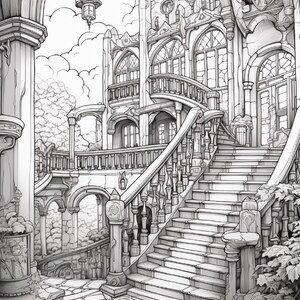 Puede incluir: Una ilustraci&oacute;n de arte lineal en blanco y negro de una escena arquitect&oacute;nica con una gran escalera de piedra que conduce a un edificio de varios pisos con ventanas arqueadas, barandillas ornamentadas, una linterna colgante y plantas en macetas.