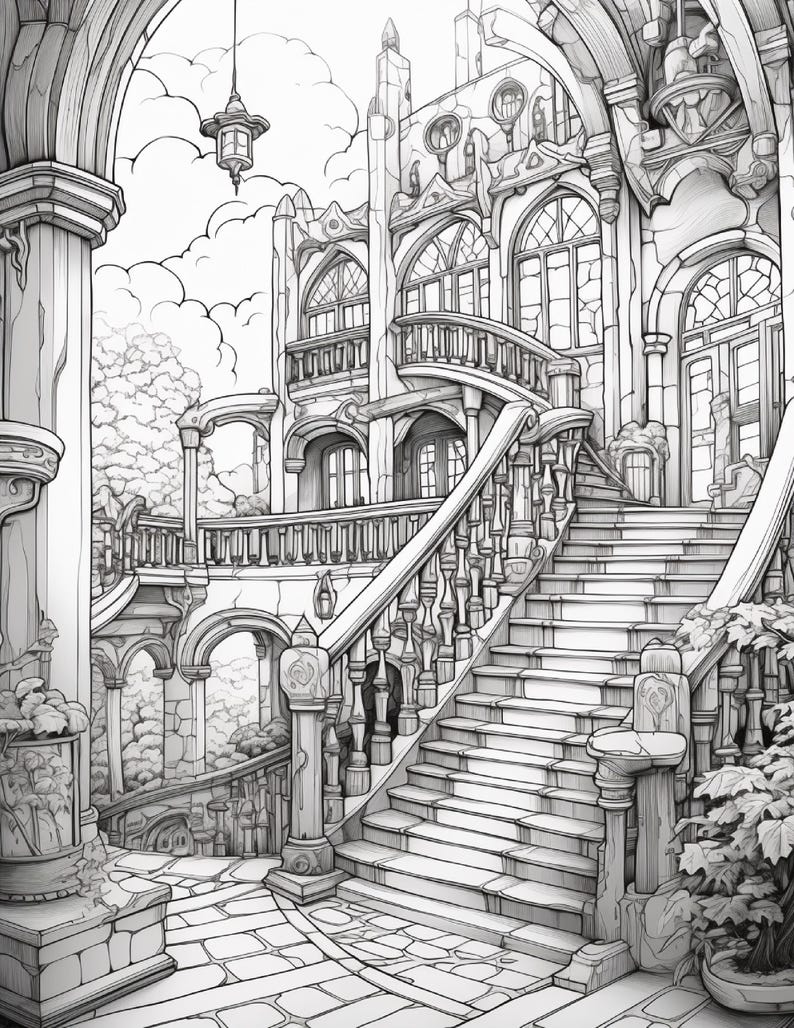 Puede incluir: Una ilustraci&oacute;n de arte lineal en blanco y negro de una escena arquitect&oacute;nica con una gran escalera de piedra que conduce a un edificio de varios pisos con ventanas arqueadas, barandillas ornamentadas, una linterna colgante y plantas en macetas.