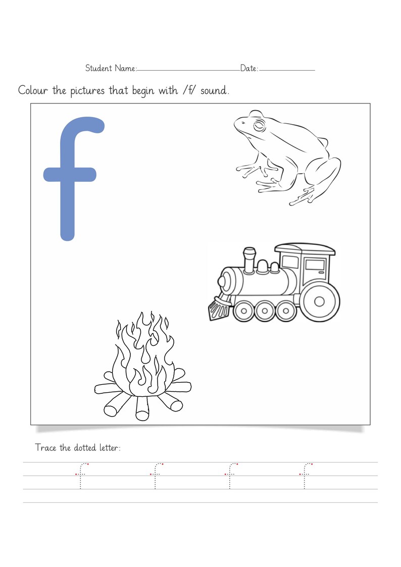 Op de afbeelding: Een werkblad met een grote blauwe kleine letter f en instructies om afbeeldingen in te kleuren die beginnen met de /f/-klank. De illustraties tonen een kikker, een trein en een kampvuur. Onderaan staat de letter f in stippellijn om na te trekken.