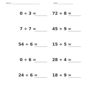 May include: A white educational worksheet titled Division &bull; Single Digit with a gray header. It features ten math problems with division symbols and blank lines for answers, plus fields for Name and Date. The footer reads Division &bull; Single Digit Practice and Page 49 of 100.