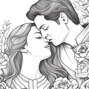 May include: A black and white line art illustration depicting a couple with closed eyes leaning toward each other in a romantic embrace. The figures are surrounded by detailed rose blossoms and foliage, rendered with fine, intricate strokes.