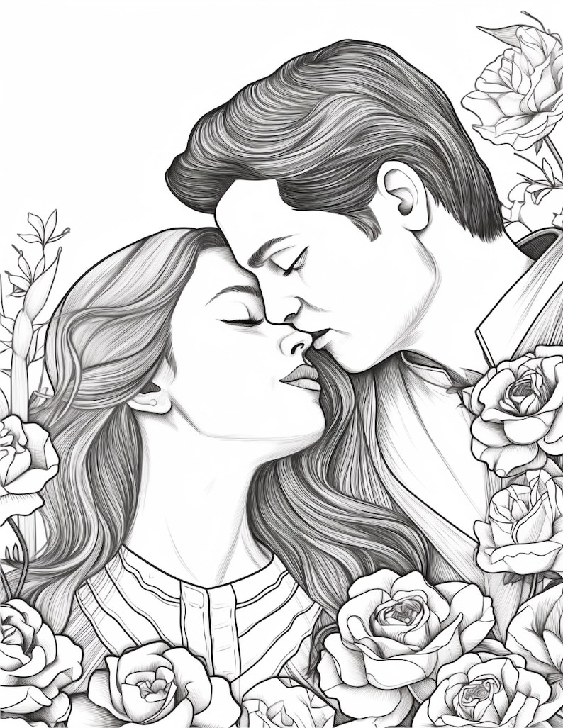 May include: A black and white line art illustration depicting a couple with closed eyes leaning toward each other in a romantic embrace. The figures are surrounded by detailed rose blossoms and foliage, rendered with fine, intricate strokes.