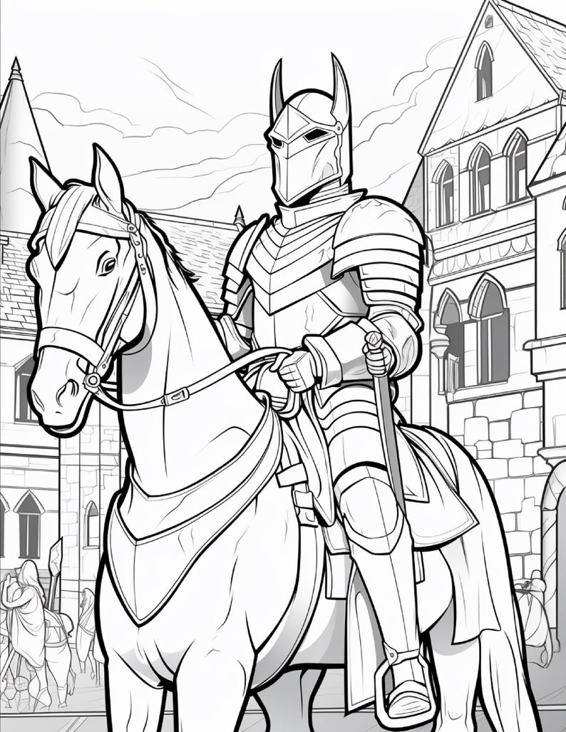 Op de afbeelding: Een zwart-wit lijntekening van een ridder in volledig harnas met een gehoornde helm, rijdend op een paard. De ridder houdt de teugels en een zwaard vast. De sc&egrave;ne speelt zich af voor een groot stenen gebouw met boogvensters.