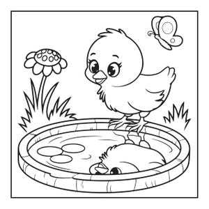 May include: A black and white line art illustration featuring a small chick standing on the edge of a circular birdbath. The chick looks down at its own reflection in the water. A flower and a butterfly are visible in the background scene.