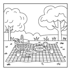May include: A black and white line art illustration of a picnic scene featuring a woven basket filled with bread, a checkered blanket spread on the grass, several loaves of bread on a plate, two cups, and a spoon, all set under two trees.