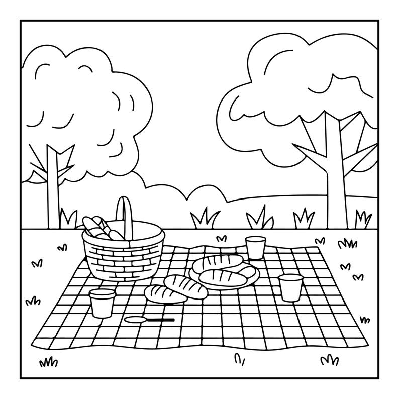 May include: A black and white line art illustration of a picnic scene featuring a woven basket filled with bread, a checkered blanket spread on the grass, several loaves of bread on a plate, two cups, and a spoon, all set under two trees.